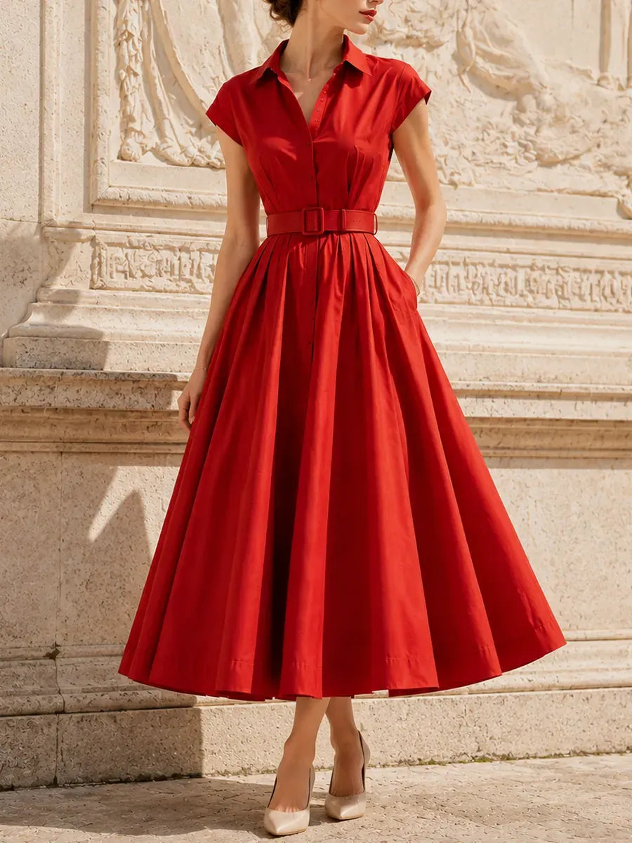 🌹 Vestido largo de algodón rojo vintage, ajustado y con falda acampanada