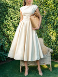 Vestido Midi Vintage Beige con Cuello Barco