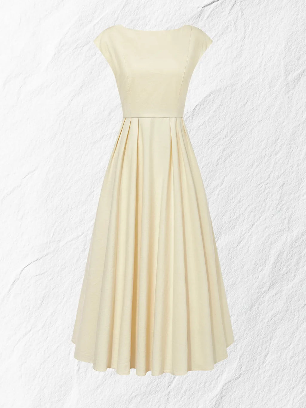 Vestido Midi Vintage Beige con Cuello Barco
