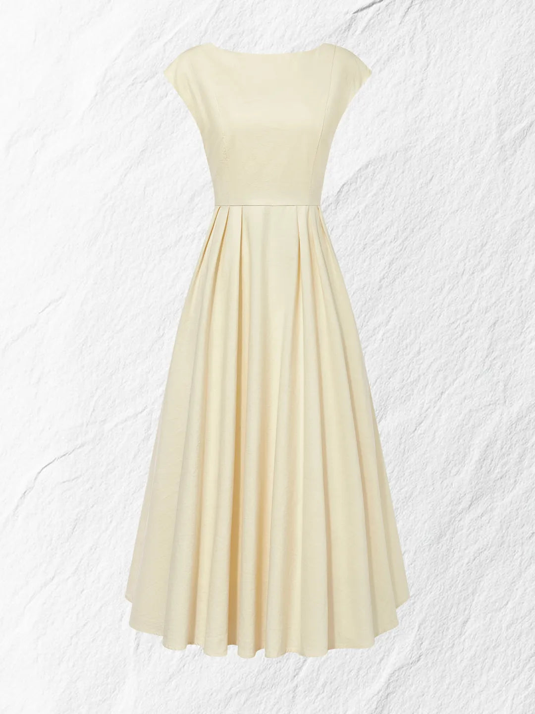Vestido Midi Vintage Beige con Cuello Barco
