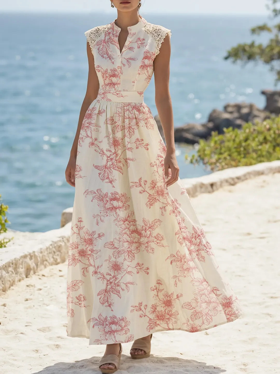 🌸 Vestido Midi Floral Vintage con Cuello Mao y Cinturón