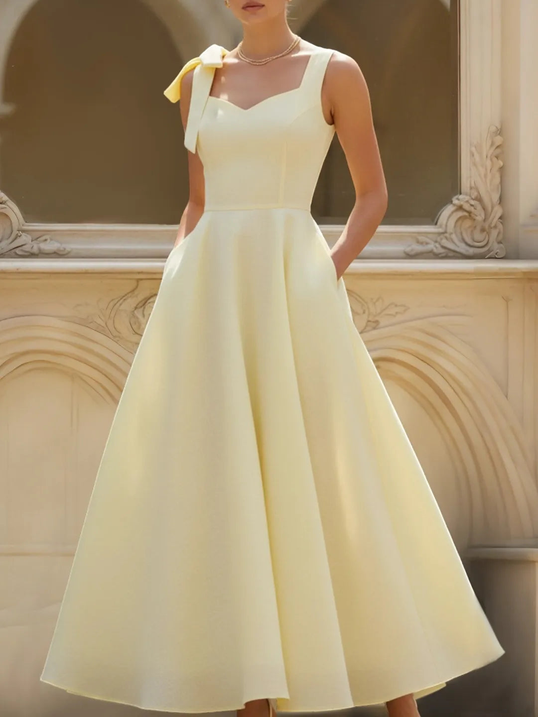 Vestido maxi de lino, sin mangas, con escote cuadrado, diseño liso y detalle de lazo, estilo vintage francés, color amarillo claro.