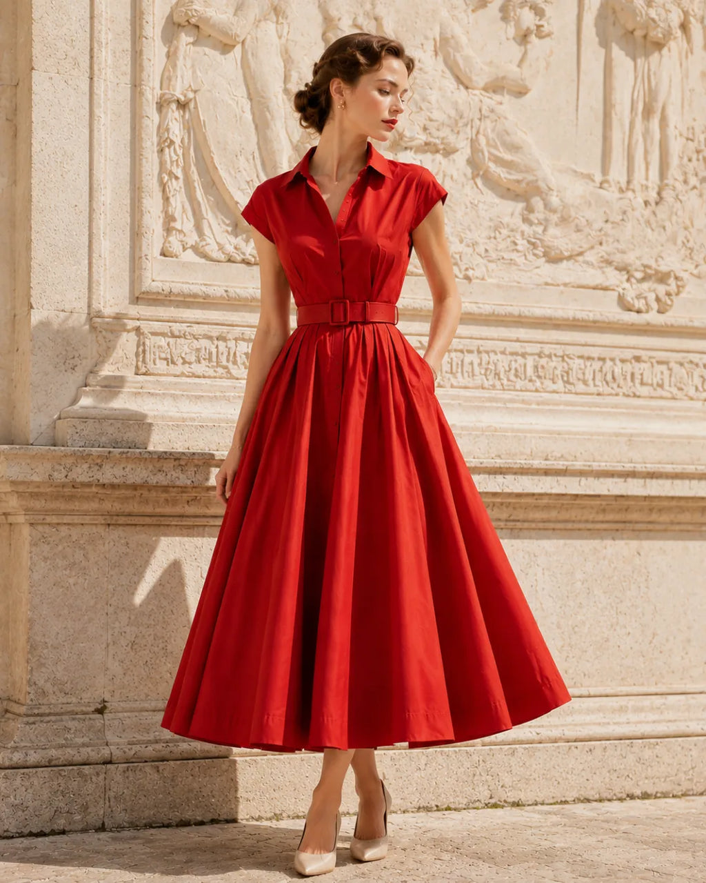 🌹 Vestido largo de algodón rojo vintage, ajustado y con falda acampanada