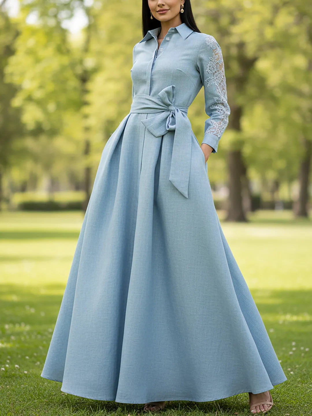 💙👗 Vestido Maxi Azul de Estilo Vintage con Cinturón
