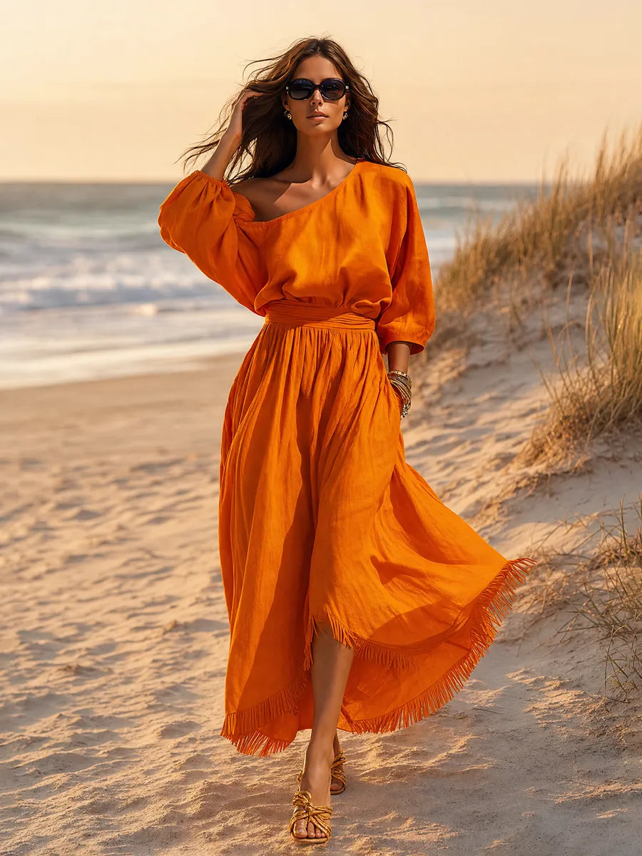 🌿☀️Vestido Maxi Asimétrico de Algodón y Lino