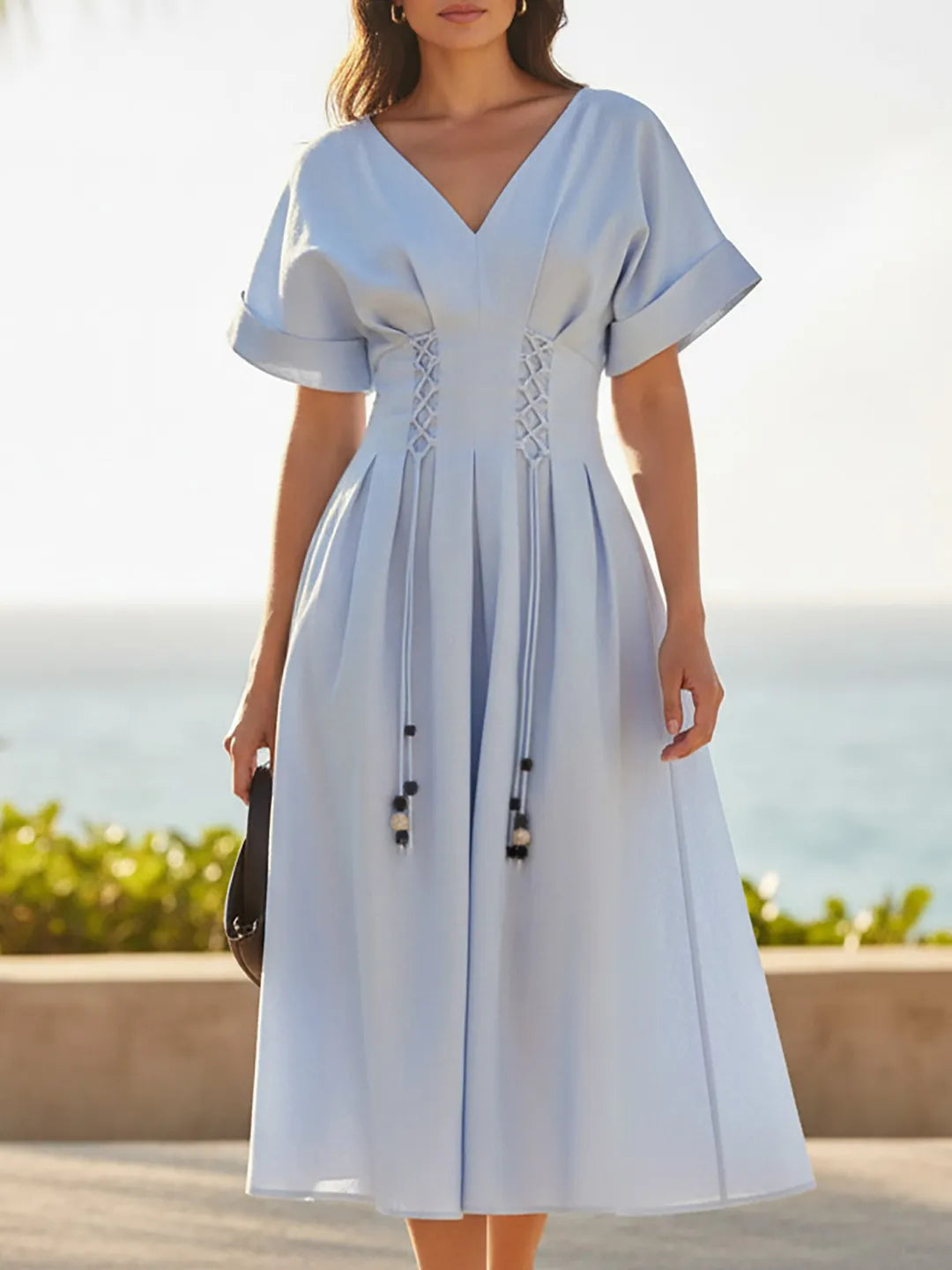 🌿💙 Vestido midi de lino, de manga corta, con escote en V, diseño liso, estilo vacacional y vintage, color azul aguamarina.