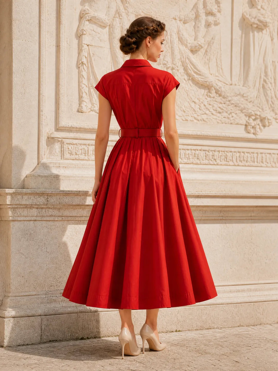 🌹 Vestido largo de algodón rojo vintage, ajustado y con falda acampanada