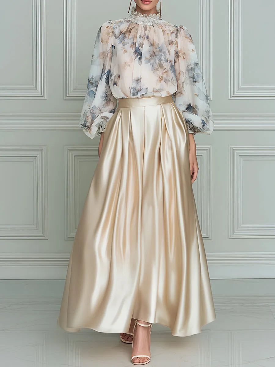 Conjunto Elegante de Blusa Floral y Falda Maxi