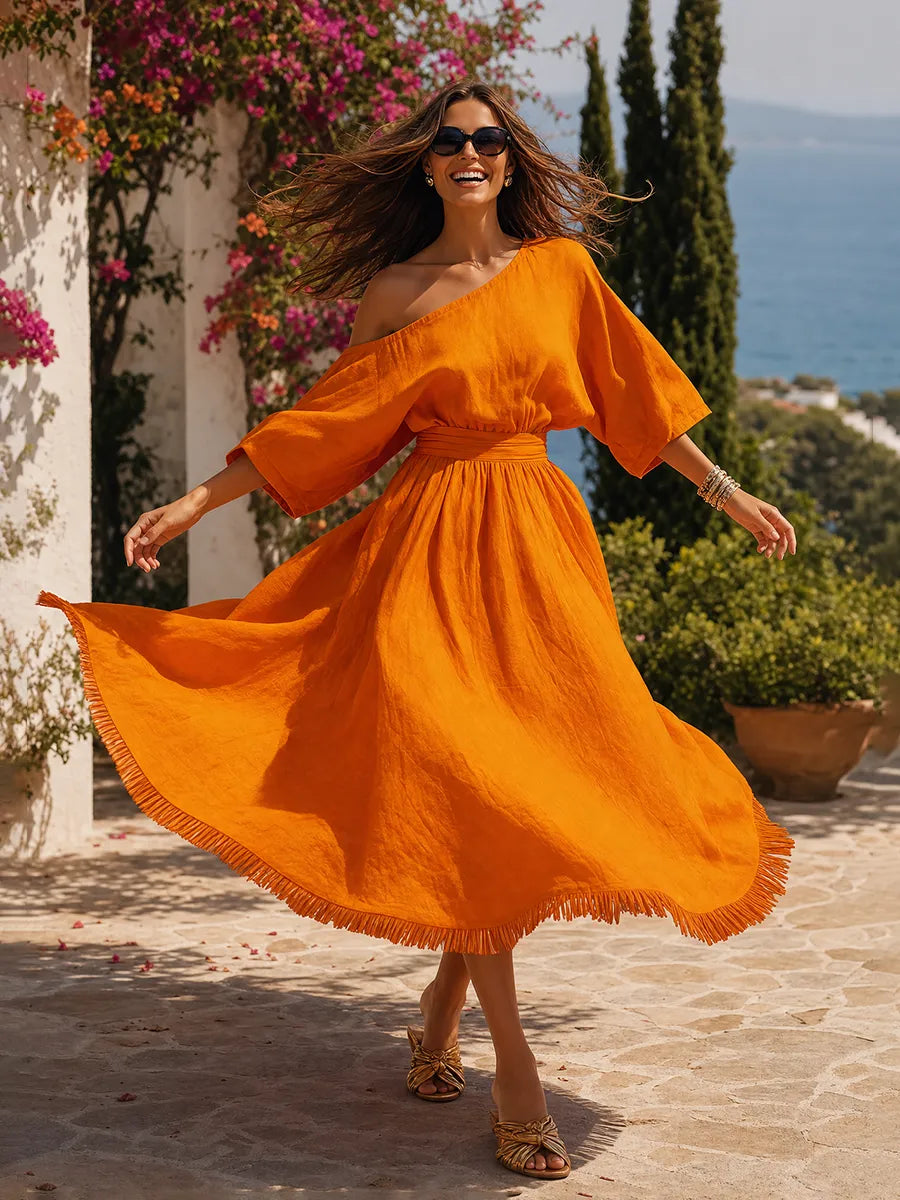 🌿☀️Vestido Maxi Asimétrico de Algodón y Lino