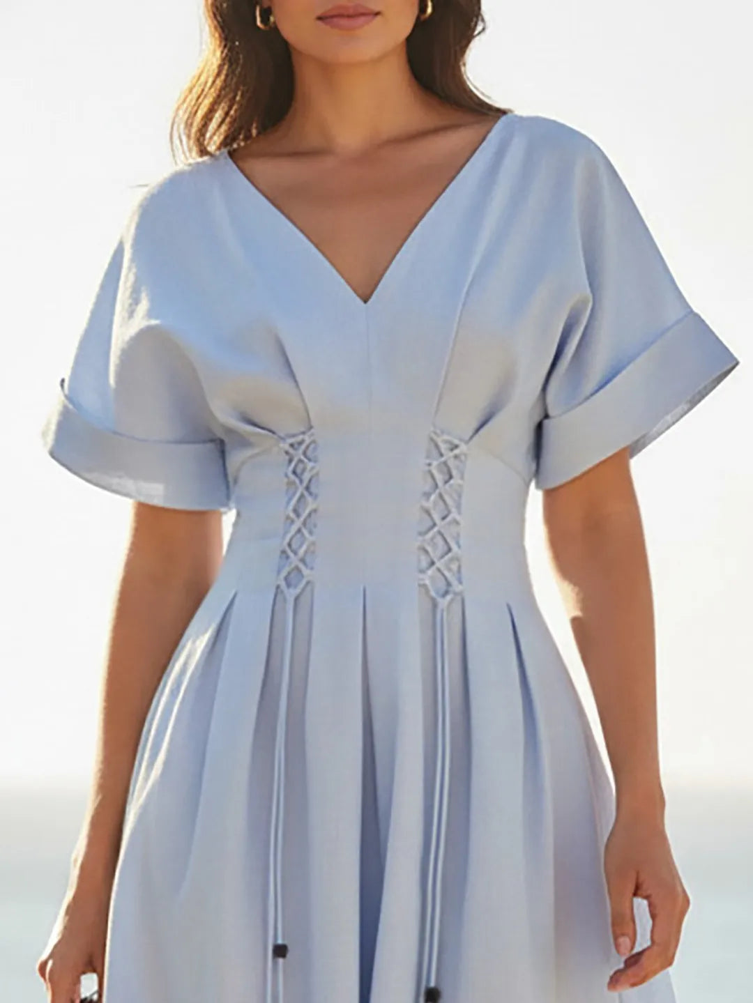 🌿💙 Vestido midi de lino, de manga corta, con escote en V, diseño liso, estilo vacacional y vintage, color azul aguamarina.