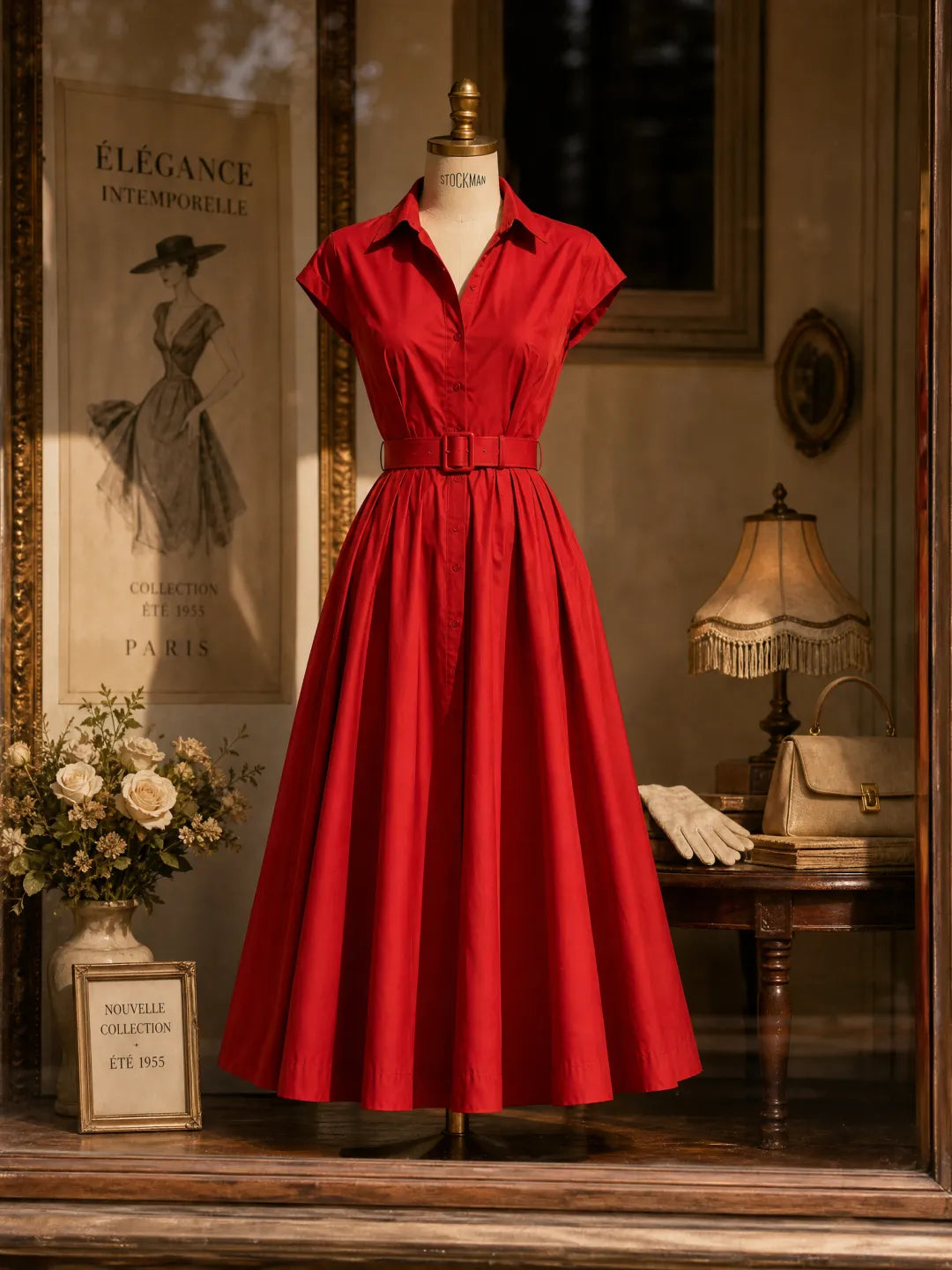 🌹 Vestido largo de algodón rojo vintage, ajustado y con falda acampanada