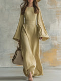 Vestido Maxi Beige de Punto con Mangas Acampanadas 🤍