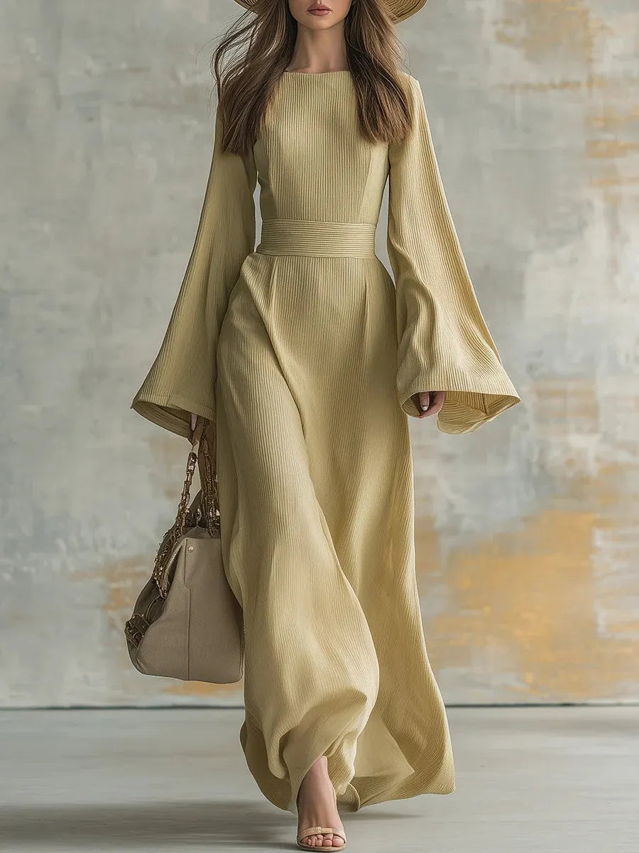 Vestido Maxi Beige de Punto con Mangas Acampanadas 🤍