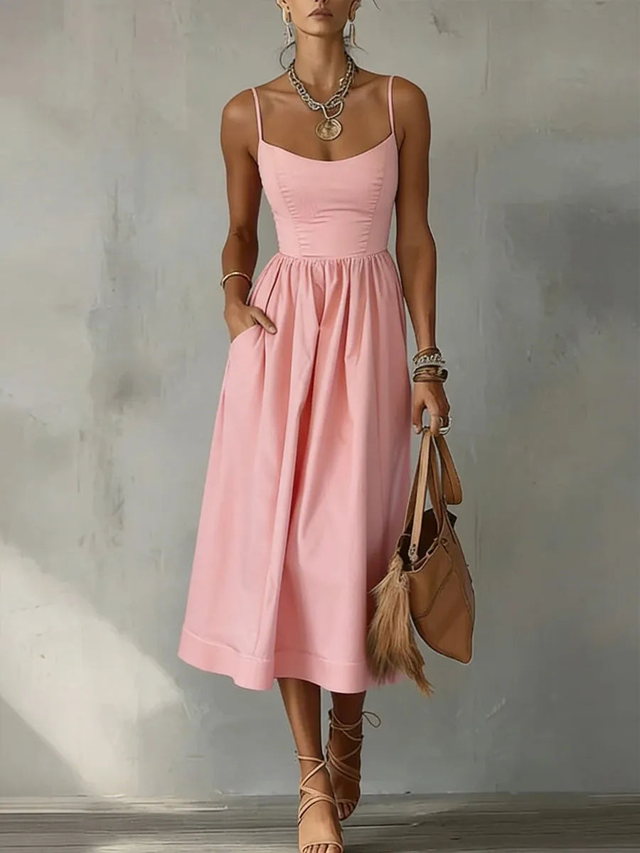 Vestido Midi Rosa con Tirantes y Falda Fluida 🌸