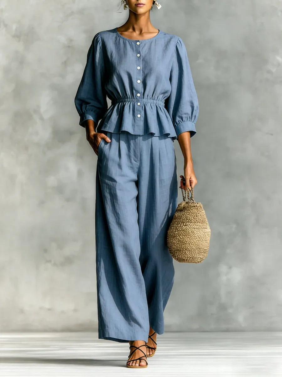Conjunto Azul de Blusa y Pantalón de Pierna Ancha 💙👗