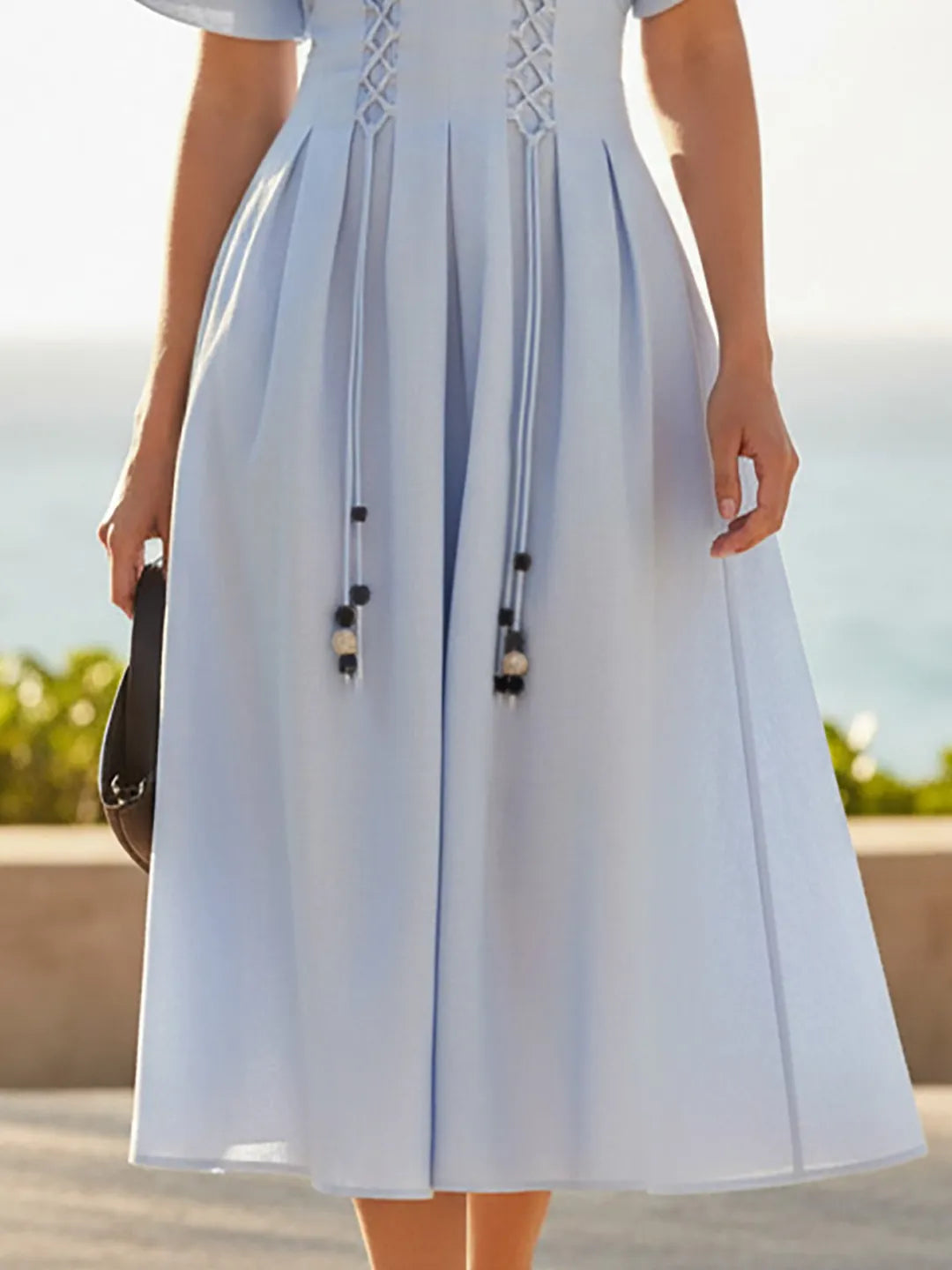 🌿💙 Vestido midi de lino, de manga corta, con escote en V, diseño liso, estilo vacacional y vintage, color azul aguamarina.