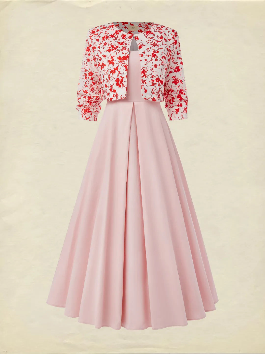 Vestido Midi Rosa con Chaqueta Floral Elegante