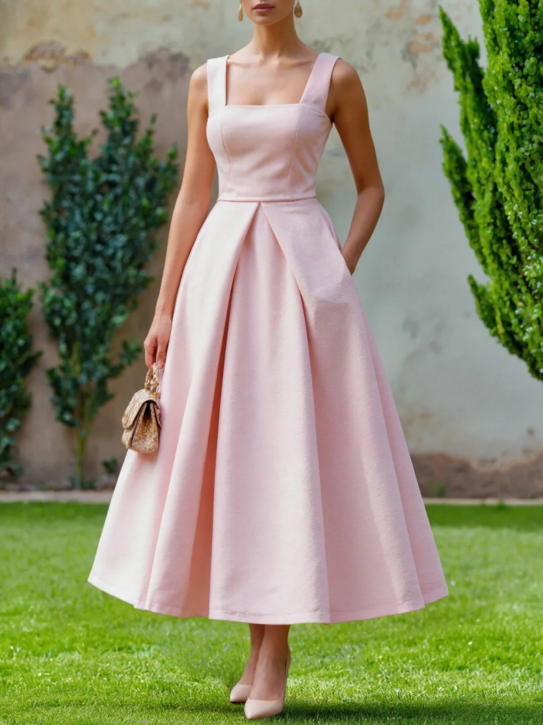 Vestido Midi Rosa con Chaqueta Floral Elegante