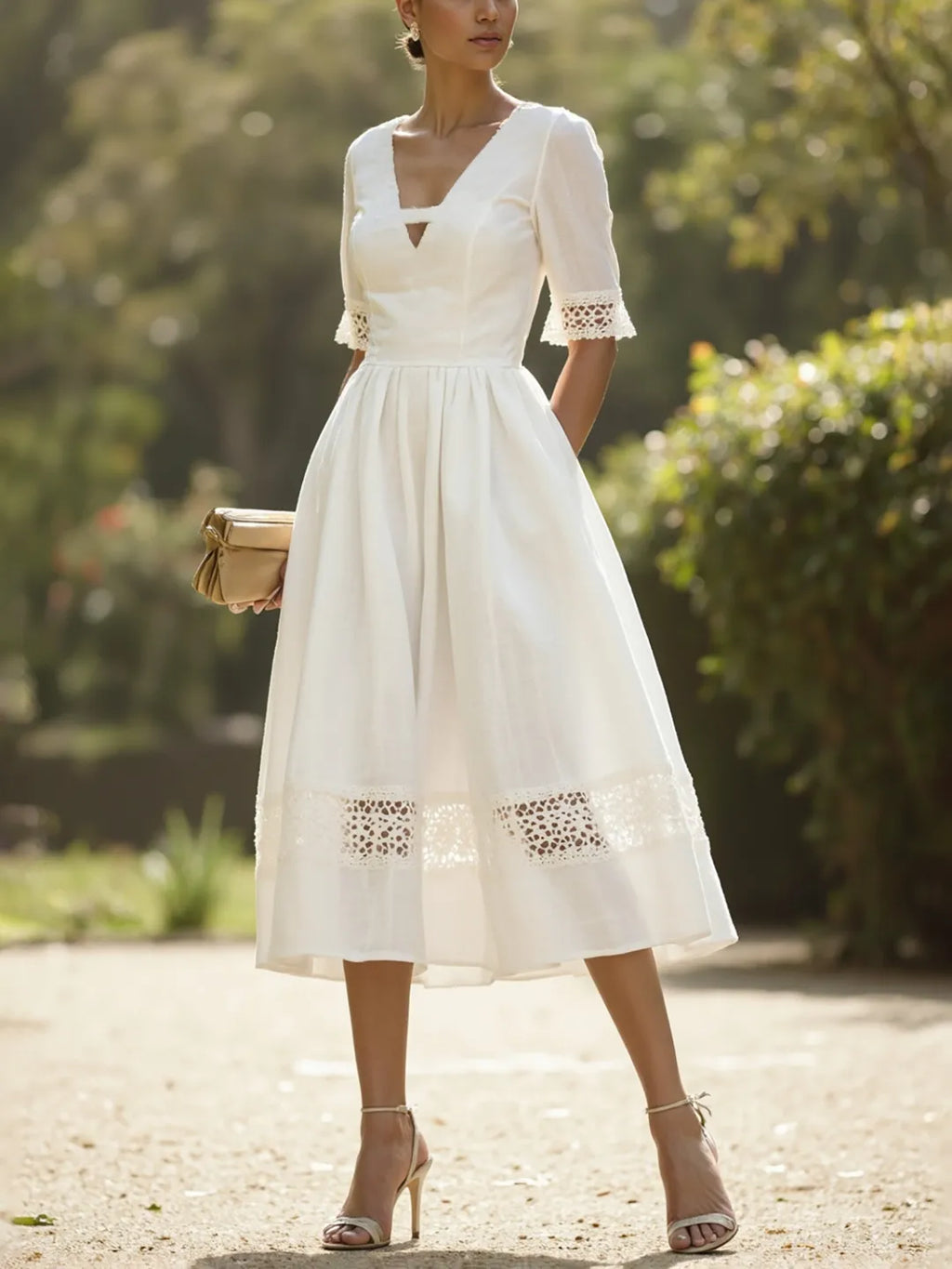 Vestido Midi Blanco con Detalles de Encaje