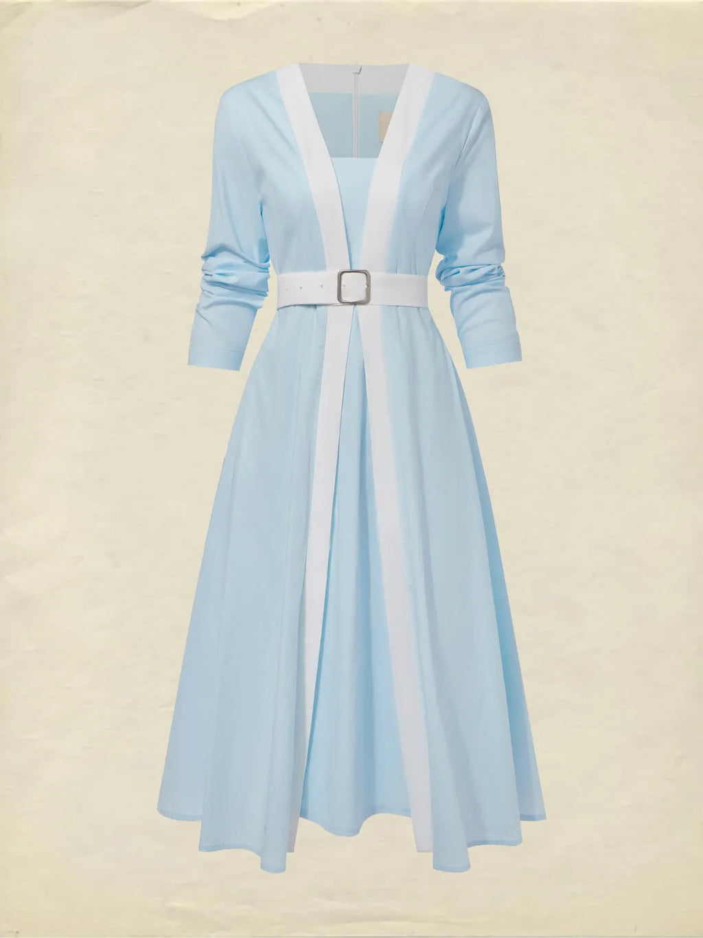 Vestido Midi Azul Celeste con Cinturón Blanco