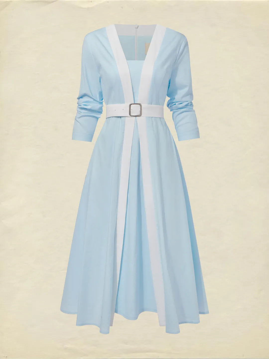 Vestido Midi Azul Celeste con Cinturón Blanco