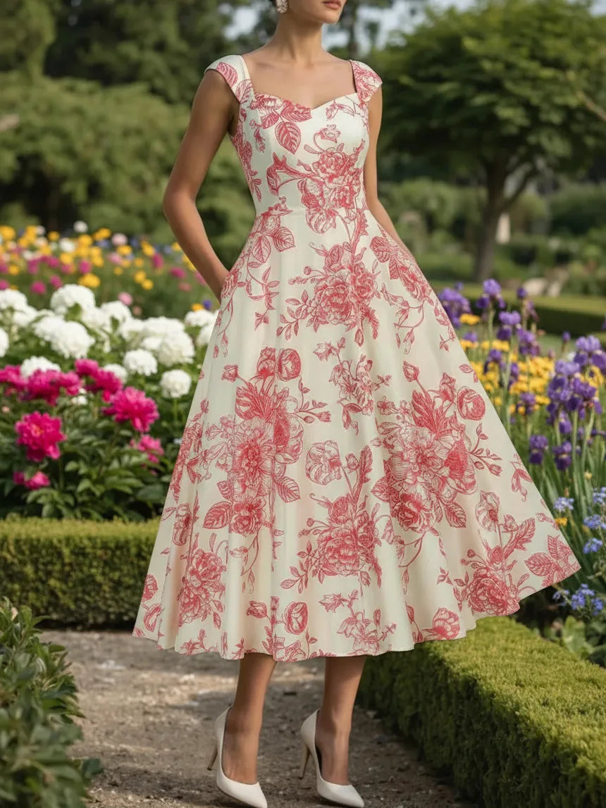 Vestido Floral Vintage en Blanco y Rojo
