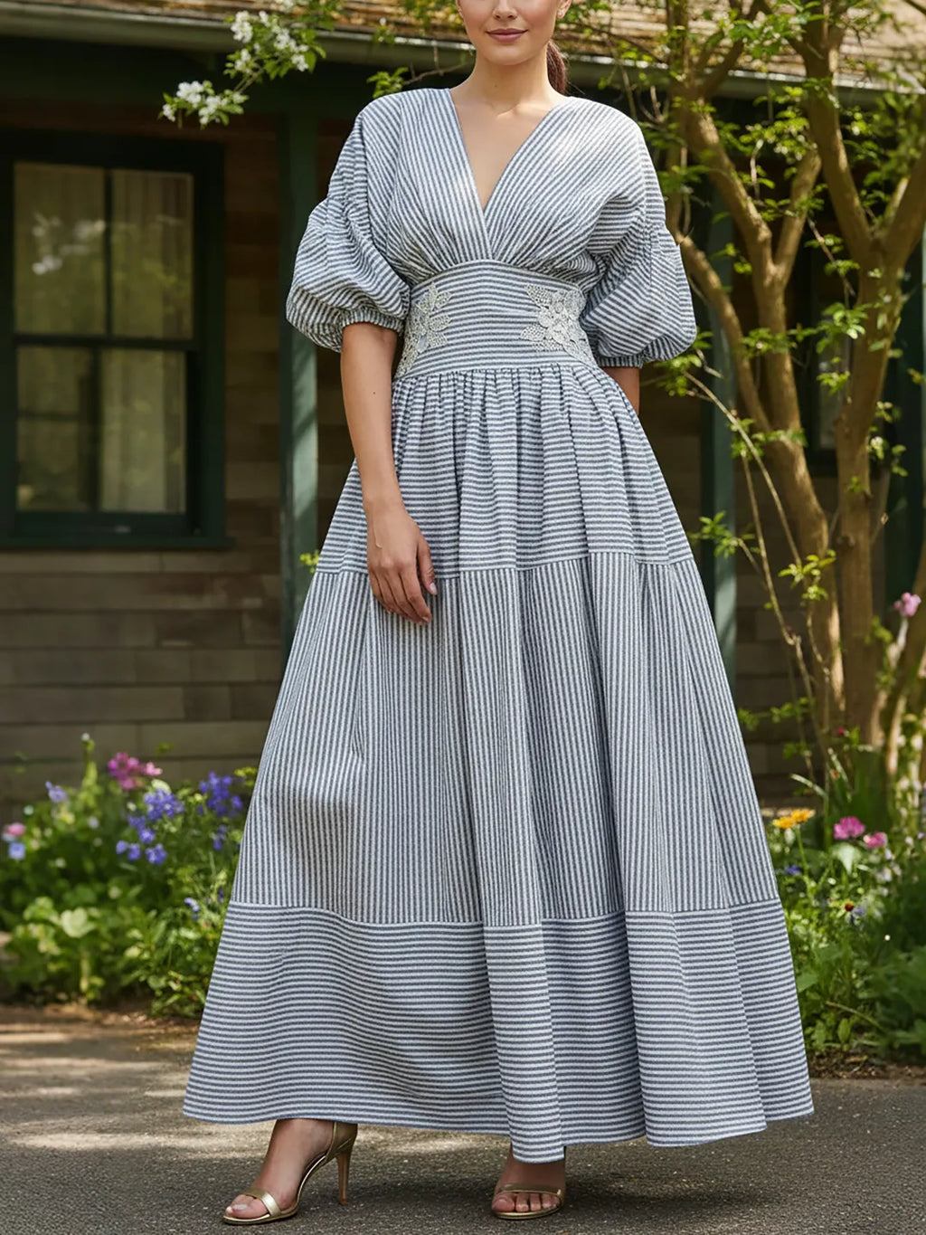Vestido Midi de Rayas con Manga Abullonada