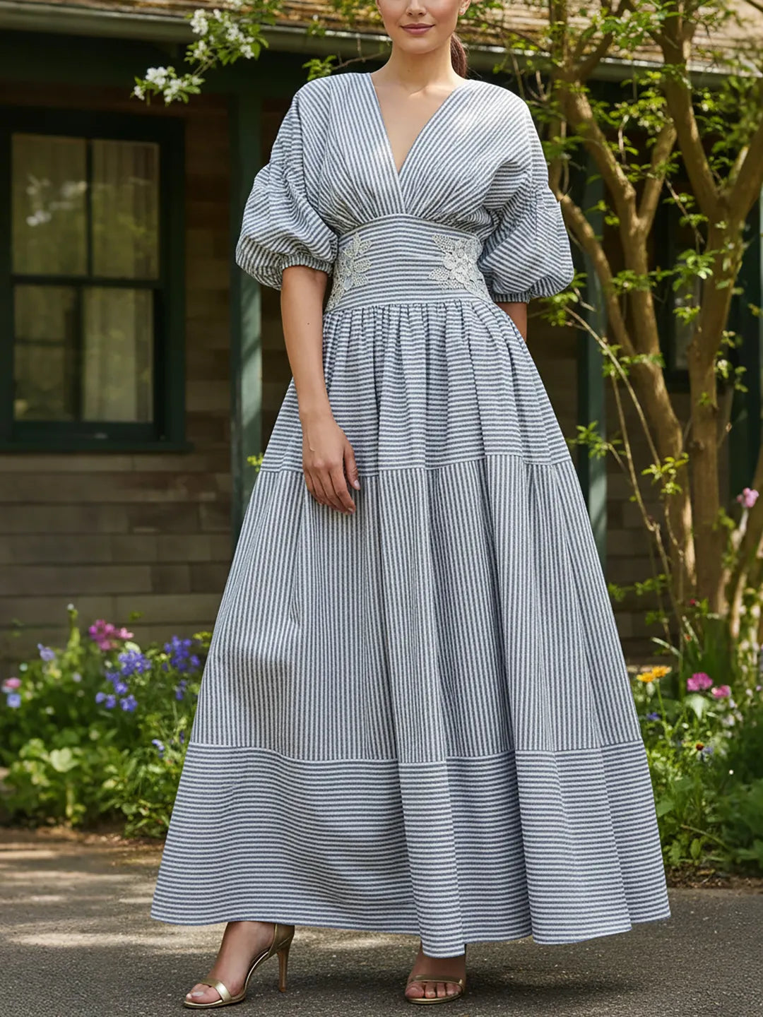 Vestido Midi de Rayas con Manga Abullonada
