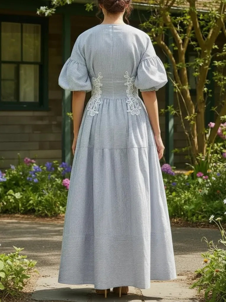 Vestido Midi de Rayas con Manga Abullonada