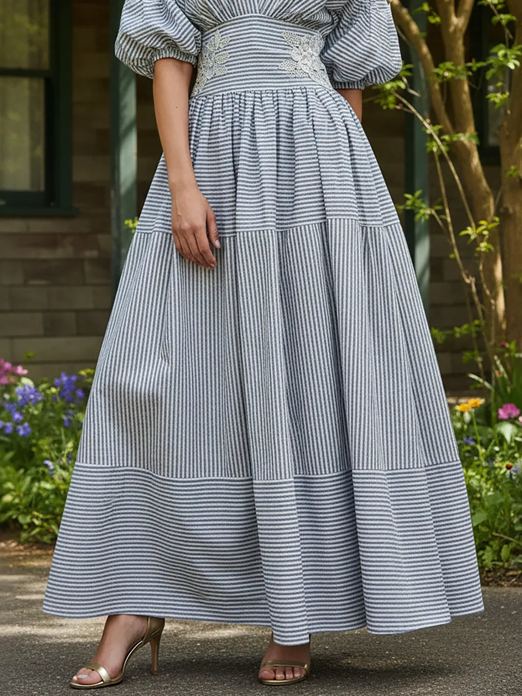 Vestido Midi de Rayas con Manga Abullonada
