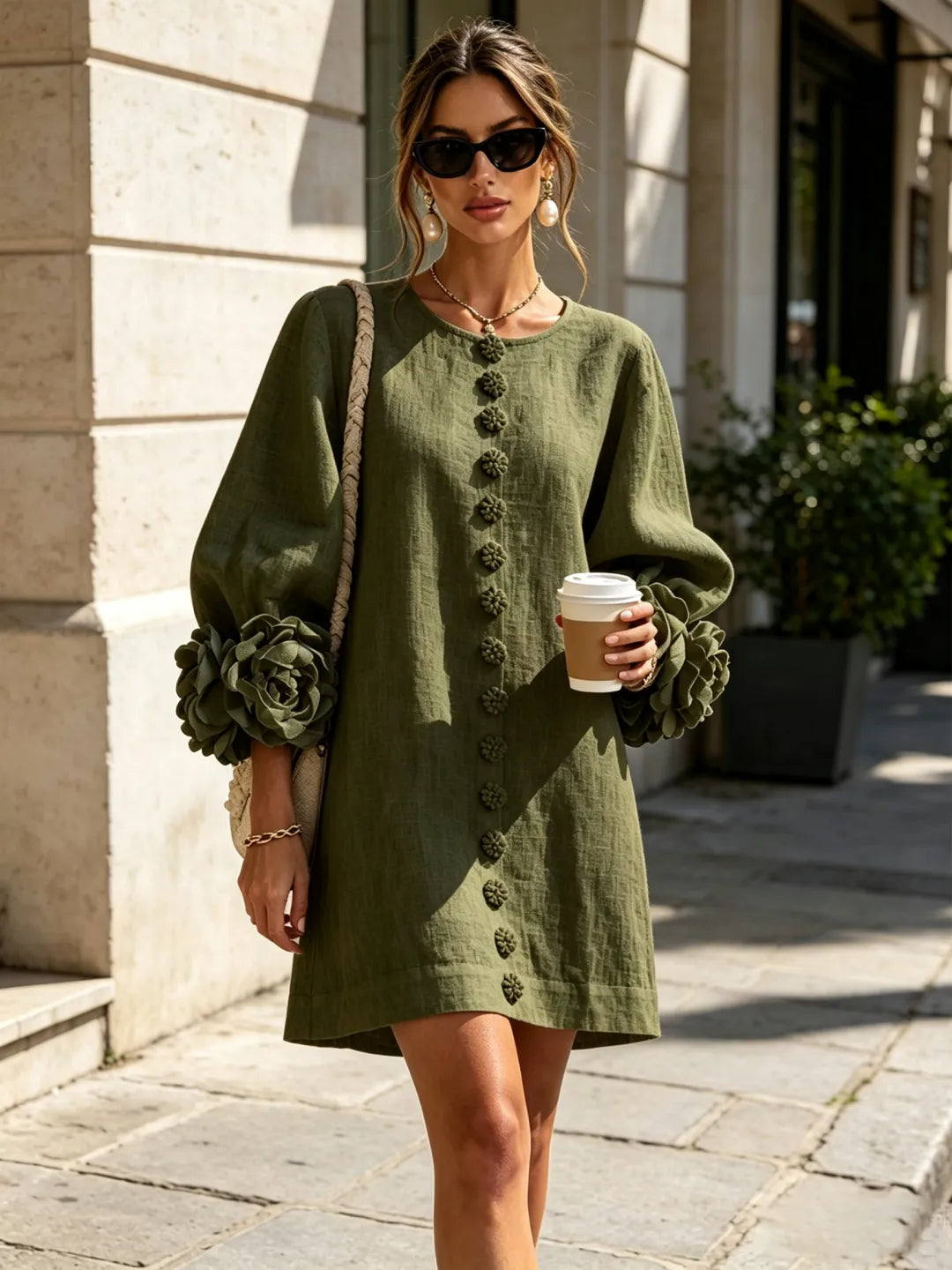 Vestido Mini Verde Oliva con Botones Florales 🌿